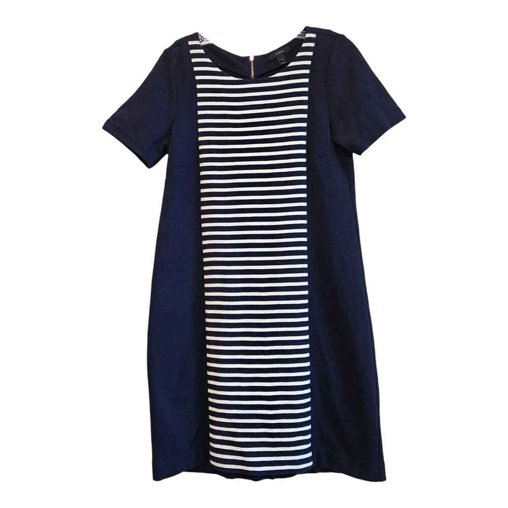 J. CREW Women 4 Dress Navy Blue White Solid / Striped Short Sleeve Cotton Blend